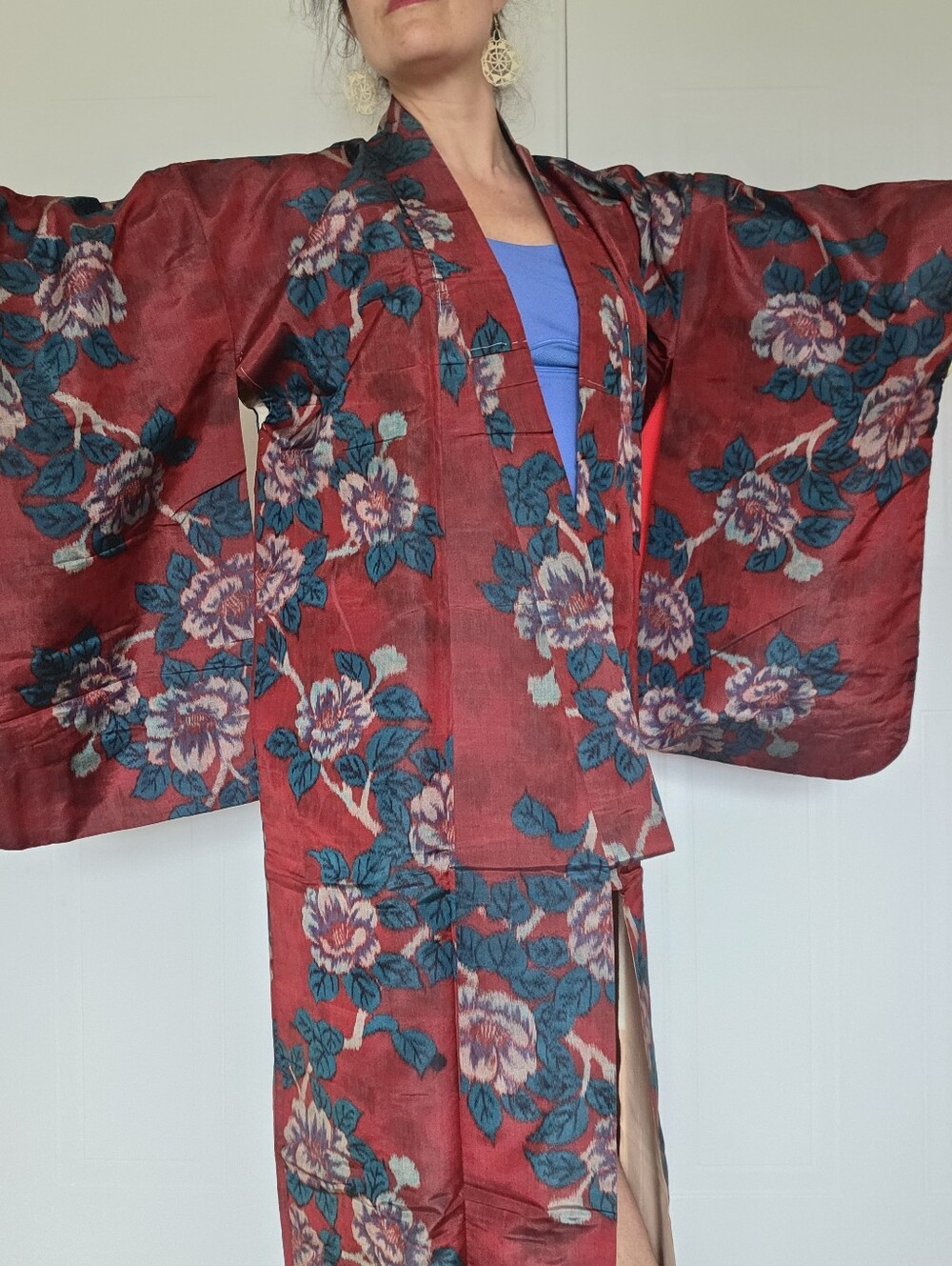 Vintage Japanese Meisen Silk Kimono | Long Floral Kimono | Woven Silk Peonies